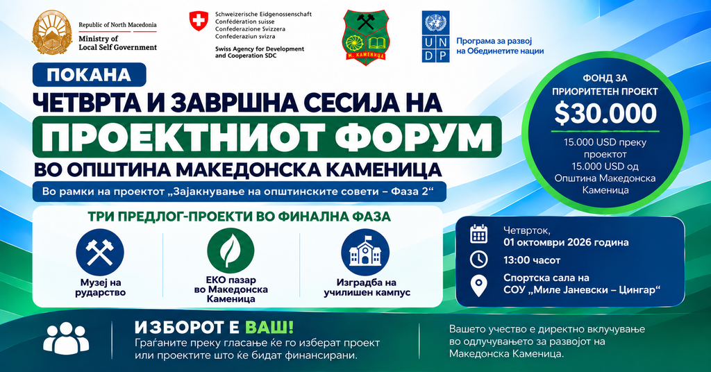 Граѓаните ќе гласаат за три проекти на завршната сесија на Проектниот форум 1 Проектен форум Македонска Каменица – гласање за три предлог-проекти
